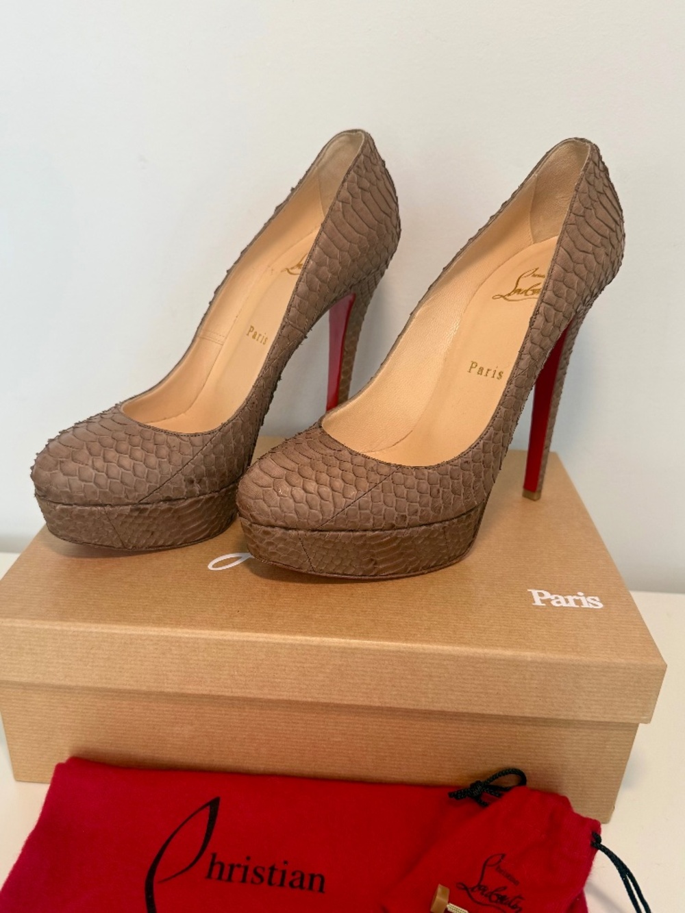 Christian Louboutin Bianca 140 Camel Watersnake Pumps EU 38.5